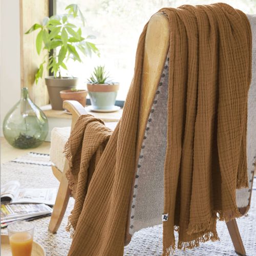 Plaid Gaze De Coton à Franges Marron 180x220 Cm