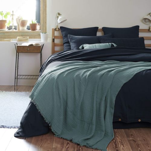 Plaid Gaze De Coton à Franges Bleu Canard 130x160 Cm