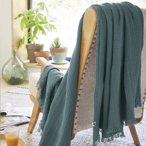 Plaid Gaze De Coton à Franges Bleu Canard 180x220 Cm