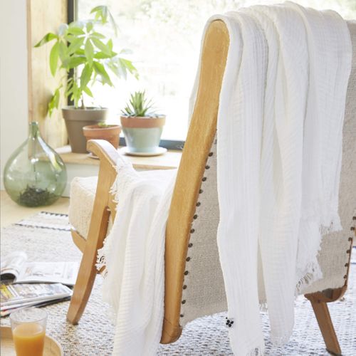 Plaid Gaze De Coton à Franges Blanc 180x220 Cm