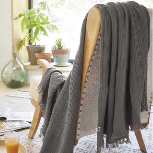 Plaid Gaze De Coton à Franges Gris Anthracite 130x160 Cm