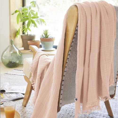 Plaid Gaze De Coton à Franges Rose 130x160 Cm