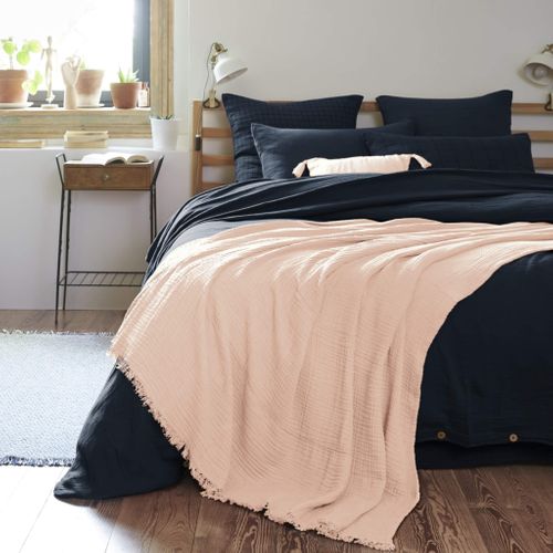 Plaid Gaze De Coton à Franges Rose 130x160 Cm