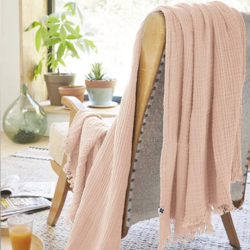 Plaid Gaze De Coton à Franges Rose 180x220 Cm