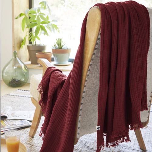 Plaid Gaze De Coton à Franges Bordeaux 130x160 Cm