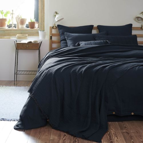 Plaid Gaze De Coton à Franges Marine 180x220 Cm