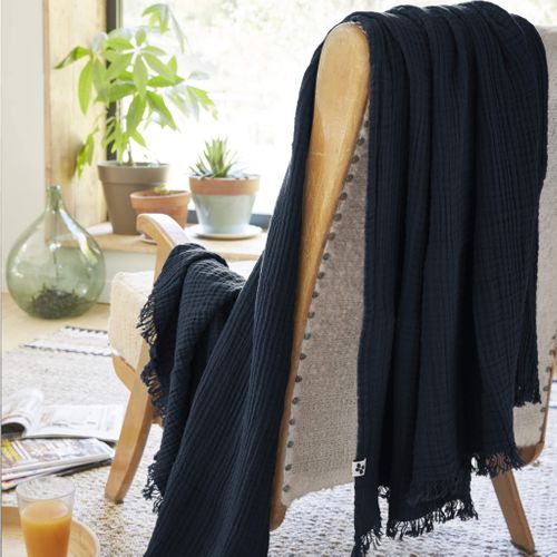 Plaid Gaze De Coton à Franges Marine 180x220 Cm