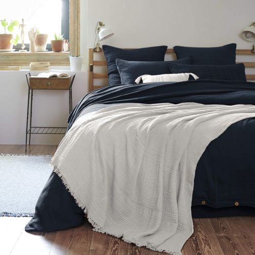 Plaid Gaze De Coton à Franges Gris 180x220 Cm