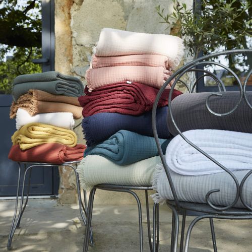 Plaid Gaze De Coton à Franges Gris 180x220 Cm