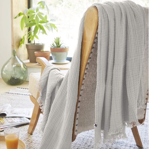 Plaid Gaze De Coton à Franges Gris 180x220 Cm