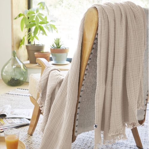 Plaid Gaze De Coton à Franges Beige 180x220 Cm