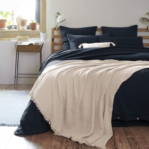 Plaid Gaze De Coton à Franges Beige 180x220 Cm