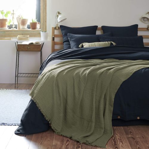 Plaid Gaze De Coton à Franges Kaki 180x220 Cm