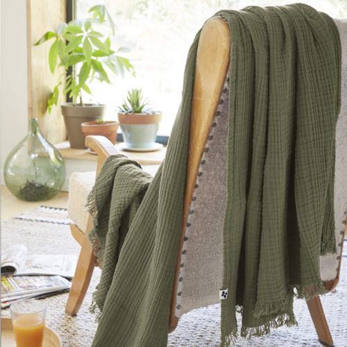 Plaid Gaze De Coton à Franges Kaki 180x220 Cm