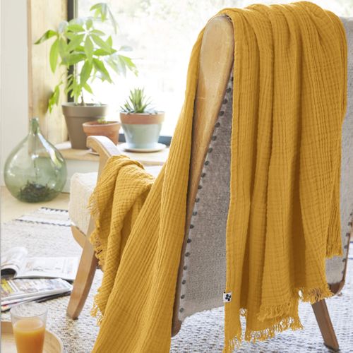 Plaid Gaze De Coton à Franges Jaune Safran 180x220 Cm