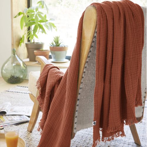 Plaid Gaze De Coton à Franges Orange Terracotta 130x160 Cm