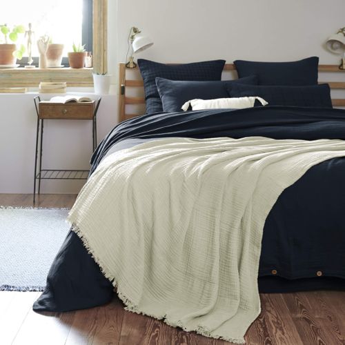 Plaid Gaze De Coton à Franges Vert D'eau 180x220 Cm