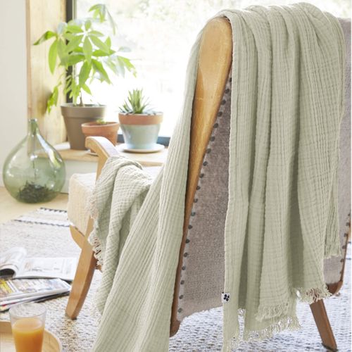 Plaid Gaze De Coton à Franges Vert D'eau 180x220 Cm