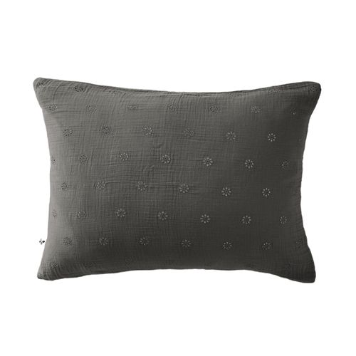 Taie D'oreiller Brodée Double Gaze De Coton Anthracite 50x70