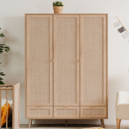 Armoire 3 Portes 3 Tiroirs Bois Clair Impression Cannage