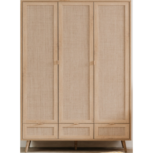 Armoire 3 Portes 3 Tiroirs Bois Clair Impression Cannage