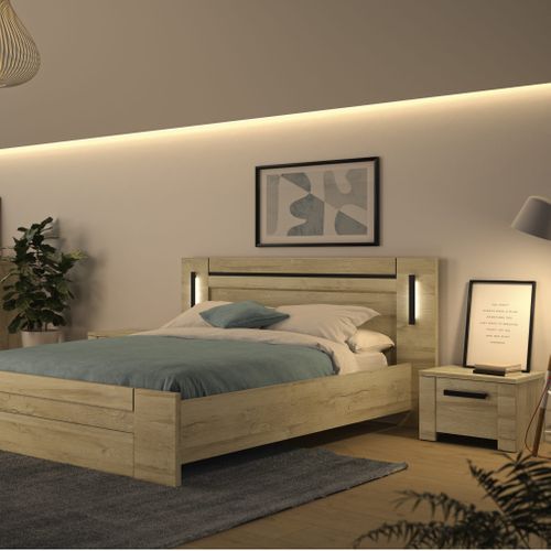 Lit LED Sensitive 160x200 Avec Ses 2 Chevets En Bois Clair