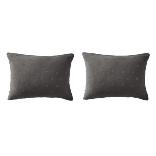 Lot De 2 Taies D'oreillers Brodées Double Gaze Coton Anthracite 50x70