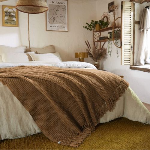 Plaid à Franges Camel Matière Recyclée 180 X 220 Cm