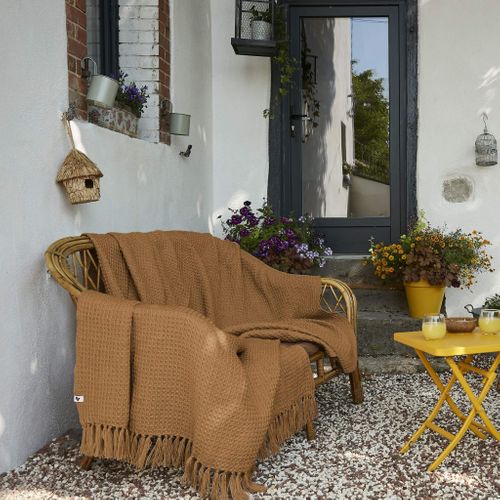 Plaid à Franges Camel Matière Recyclée 180 X 220 Cm