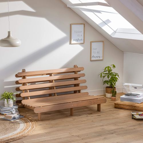 Ensemble Matelas Futon En Coton Et Structure En Bois Massif Taupe Soutien Ferme 140x200 - 2 Personne