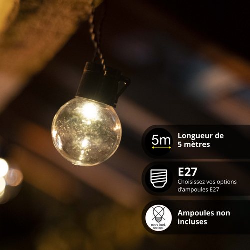 Guirlande LED 10m Extensible, 10 Douilles, Compatible Ampoules E27 (non Incluses)