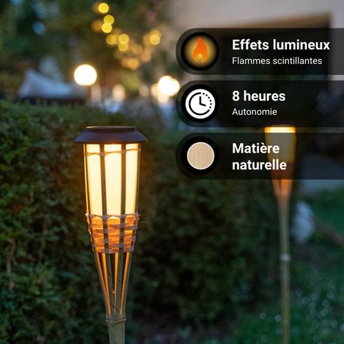 Balise Solaire LED Ip44 En Bambou, Effet Flambeau, 74 Cm, Ip44