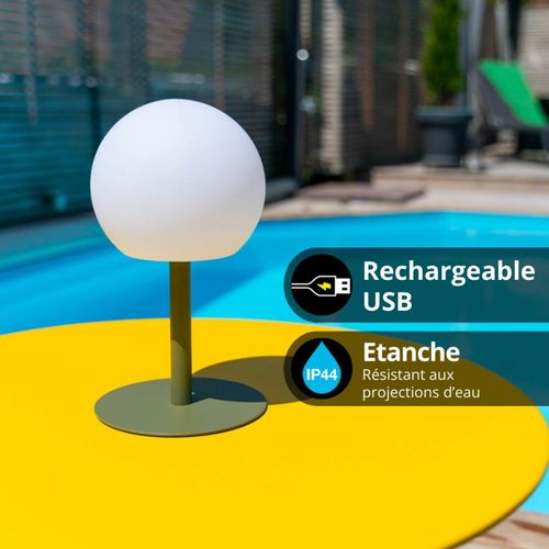 Lampe à Poser Pop - Boule Kaki Rechargeable En Métal LED Ip44, 400 Lumens, Cct Et Dimmable, Hauteur