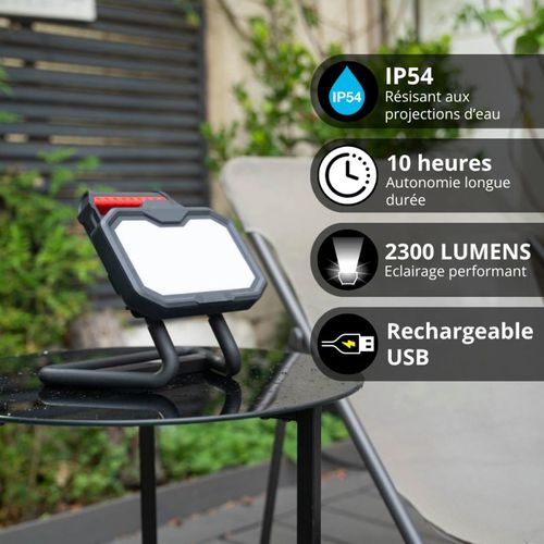Projecteur LED Ip54, 2300 Lumens, Orientable, 3 Modes, 10h Autonomie, Blanc Froid, Rechargeable