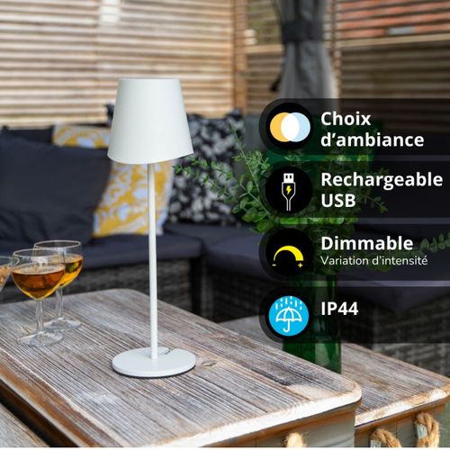 Lampe à Poser LED Ip44, 250 Lumens, Rechargeable USB-c, 38cm, Cct et Dimmable, Blanc