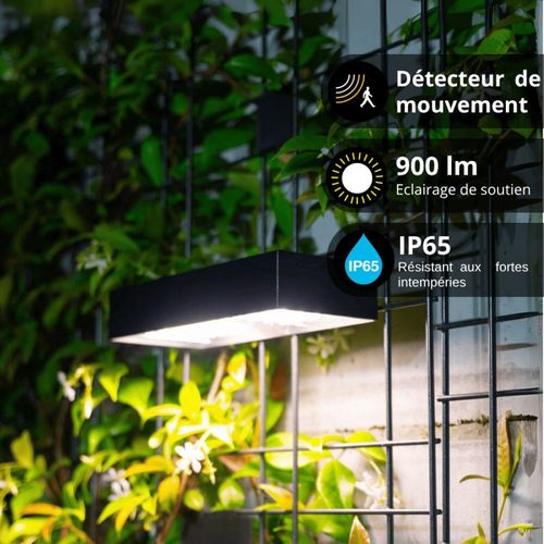 Applique Solaire LED Ip65, 900 Lumens, Détecteur De Mouvements, Noir