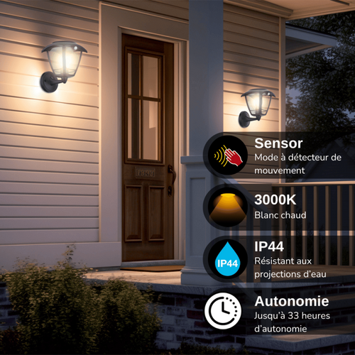 Applique Murale Solaire Rétro LED Ip44, 400 Lumens, Détecteur De Mouvement, Avec Ampoule, Noir