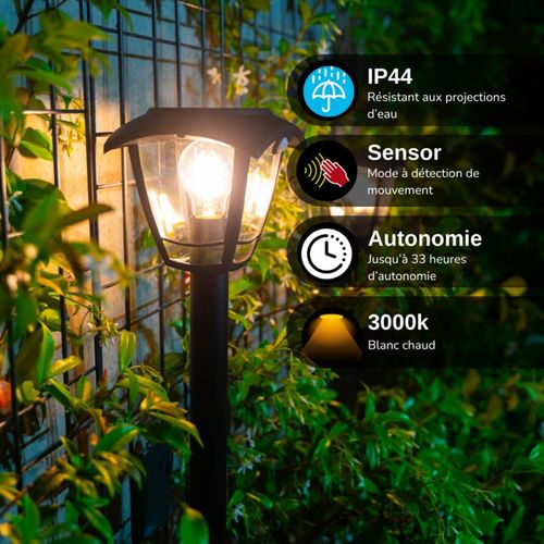 Borne Solaire Rétro LED Ip44, 400 Lumens, Détecteur De Mouvement, Avec Ampoule, Noir