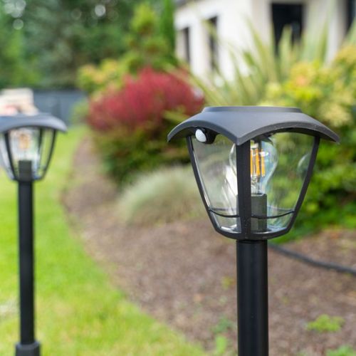 Borne Solaire Rétro LED Ip44, 400 Lumens, Détecteur De Mouvement, Avec Ampoule, Noir