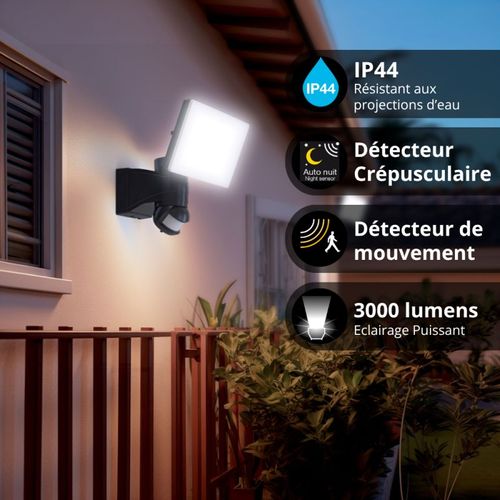 Projecteur Mural Noir LED Ip44 30w Avec Détecteur De Mouvement, 3000 Lumens