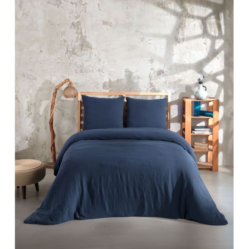 Housse De Couette Et Taies D'oreiller 200x200 Cm Gaze De Coton Bleu Marine