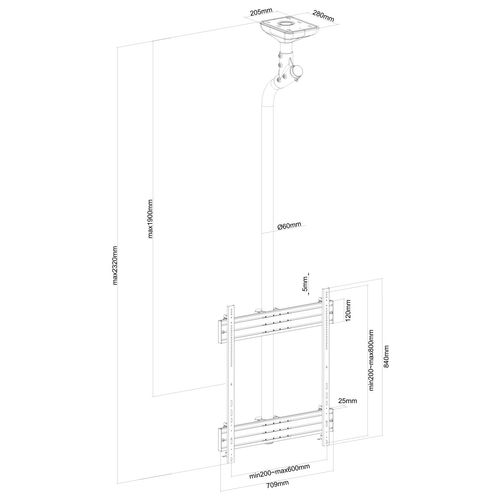 Support Plafond Pour 1 Écran TV Mode Portrait 65''-75'' - Hauteur 225 Cm