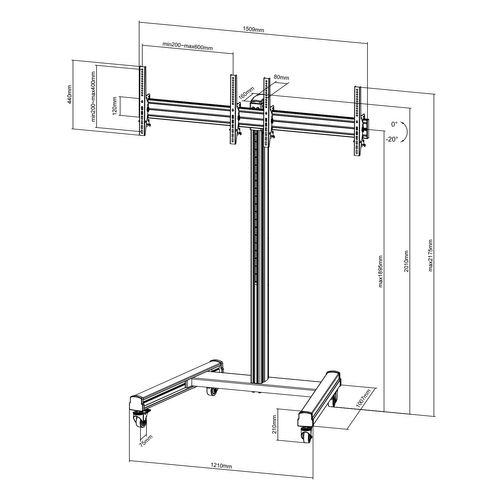 Support Sur Roulettes Pour 2 Écrans TV 43'' - 49'' - Hauteur 175cm - Inclinable
