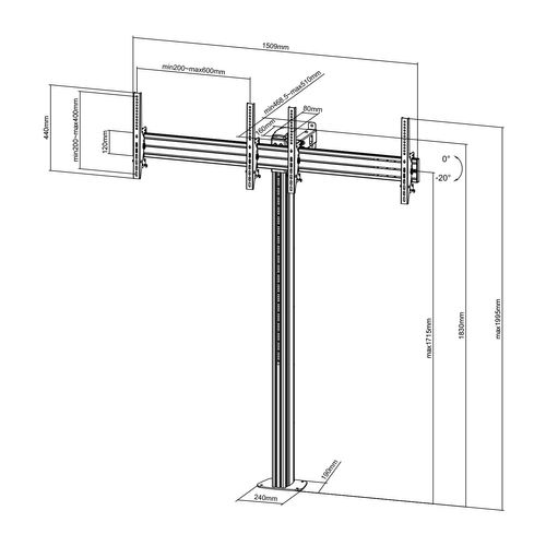 Support Sur Pied Pour 2 Écrans TV 43'' - 49'' - Hauteur 175cm - à Visser - Inclinable
