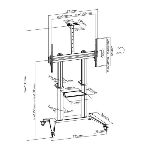 Support Mobile Pour Écran Visioconférence 70''-120'', Hauteur 125-160cm, Noir