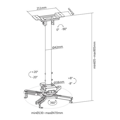 Support Plafond Vidéoprojecteur, Hauteur 60-90cm, Blanc