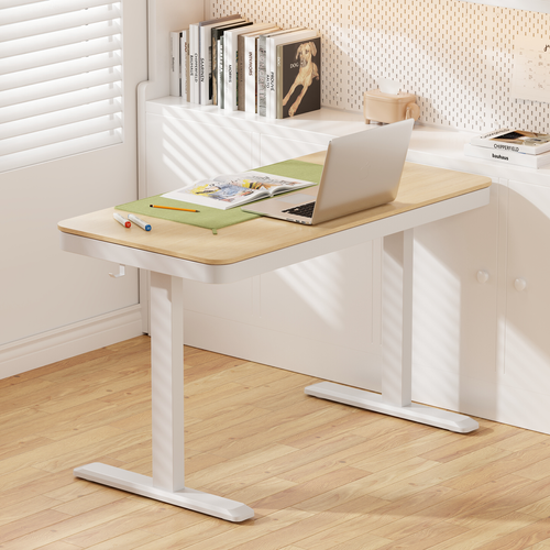 Bureau Motorisé Assis-debout 118x60cm Avec Tiroir Et Chargeur Sans Fil, Plateau Bois/pied Blanc