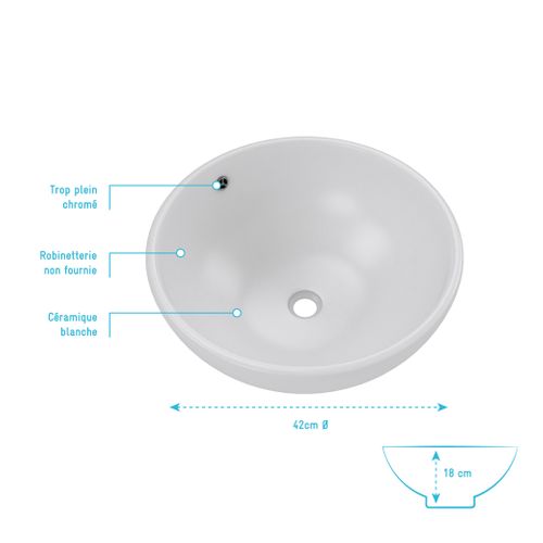Vasque Ronde En Céramique Blanche à Poser - Diamètre 42cm - Hauteur 18cm - Parabola