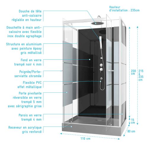 Cabine De Douche Avec Portes Sérigraphiées - 110x80x235 Cm - Gris Clair