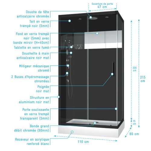 Cabine De Douche Black Mirror 2 Rectangle - 110x80x220 Cm - Noir